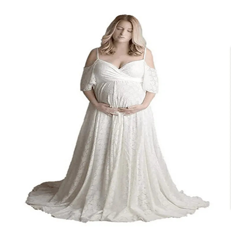 

Fashion White Maternity Photography Props Fancy Maternity Gown Pregnant Clothes Maxi Long Lace Dress Photo Session Dresses