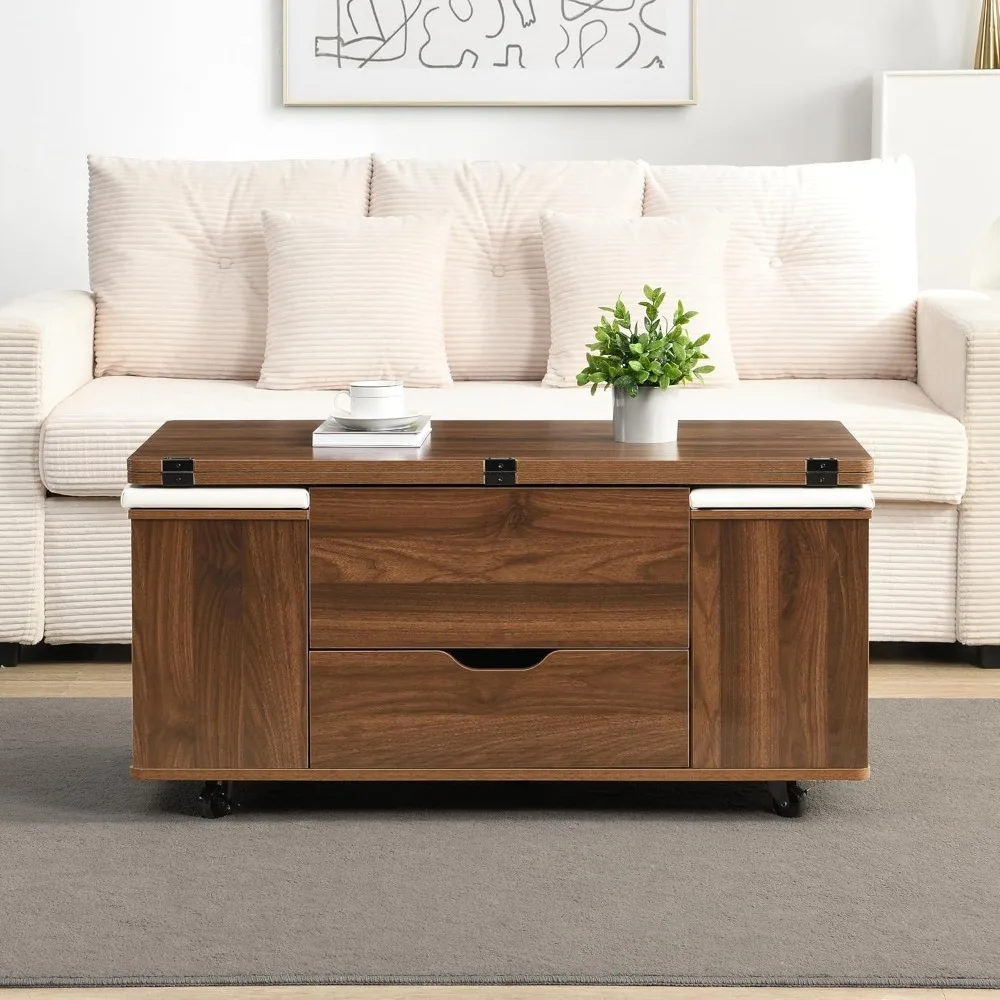 Customized.Multi-Functional Lift-Top Coffee Table with 4 Stools, Hidden Storage and Drawers, Modern Movable Center Table with St