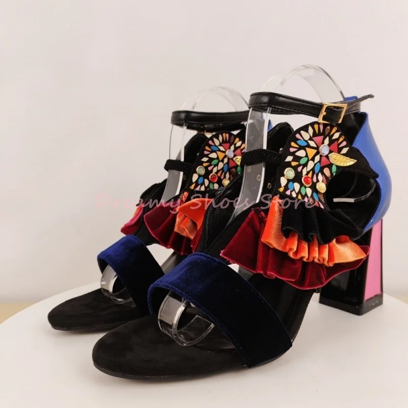 

Patchwork Suede Ruffle Rhinestone Block Heel Sandals Women Peep Toe Hollow Ankle Wrap High Heels Retro Bohemian Vacation Shoes