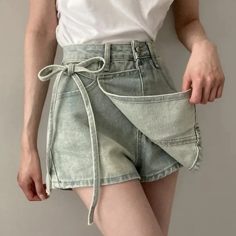 

Summer Women's High Waist A-Line Denim Shorts Tie-Dress Pants Small Size Spicy Girls Hot Pants Retro Style Breathable Skin-Fr...
