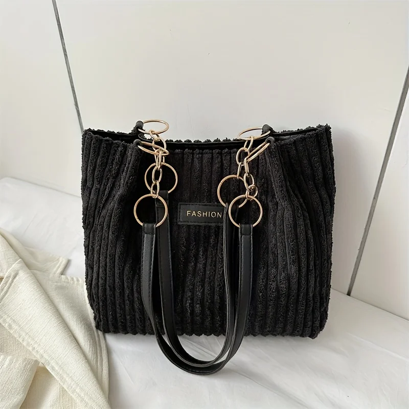 Striped Plush Tote Bag for Women Fleece Retro Chain Shoulder Bag Faux Fur Handbag for Autumn Winter Gift for Best Friend