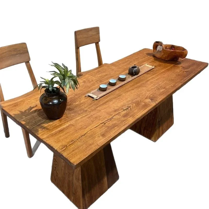 

Weathered old elm dining table, solid wood retro long table, wabi-sabi wind, art tea table