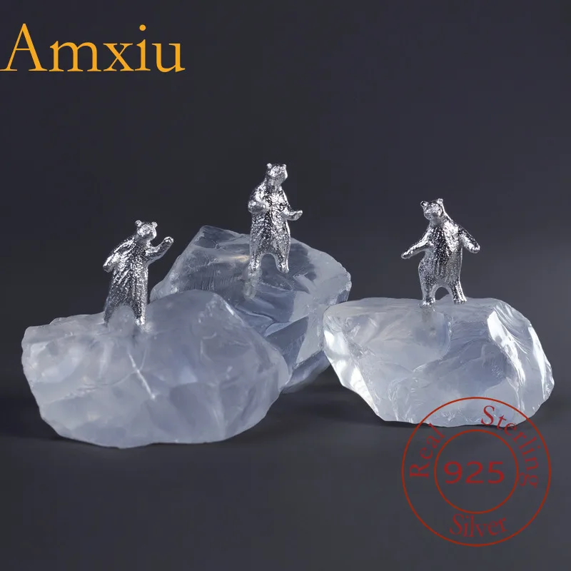 Amxiu فضة 925 لطيف ورائع الدب القطبي الراقص الأبيض كريستال متعة زخرفة هدية ورقة الوزن في الفضة النقية
