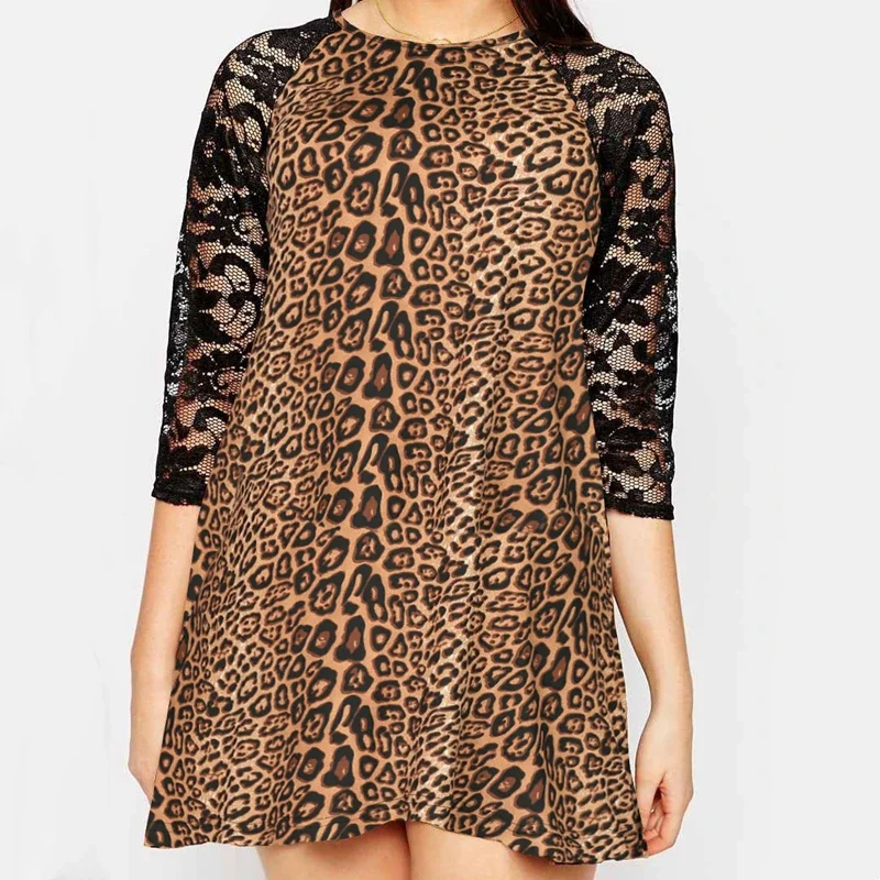 Plus Size Wiosna Jesień Casual Leopard Dress 3/4 Lace Sleeve Loose Tunic Dress Female Large Size Swing Dress 4XL 5XL 6XL 7XL 8XL