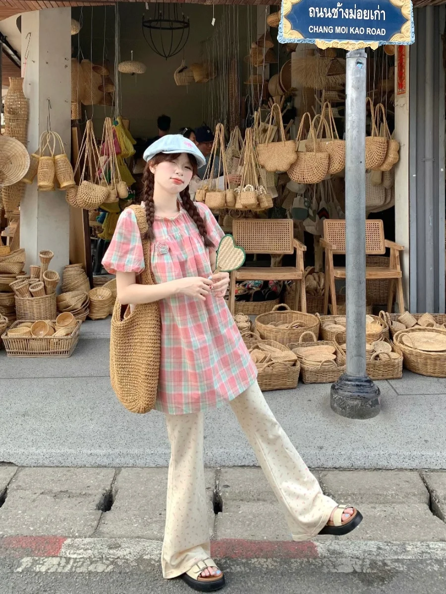 

Summer Floral Print Bubble Sleeve Loose Shirt And Pants Set Women's Casual Fashion Outfit Vacation Style Short Sleeve round Neck
