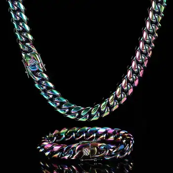 6毫米-16毫米重磅朋克彩虹古巴鏈項鍊 男女嘻哈金色不銹鋼自行車騎行頸鍊飾品 10 最佳銷售 彩虹首飾 - №7