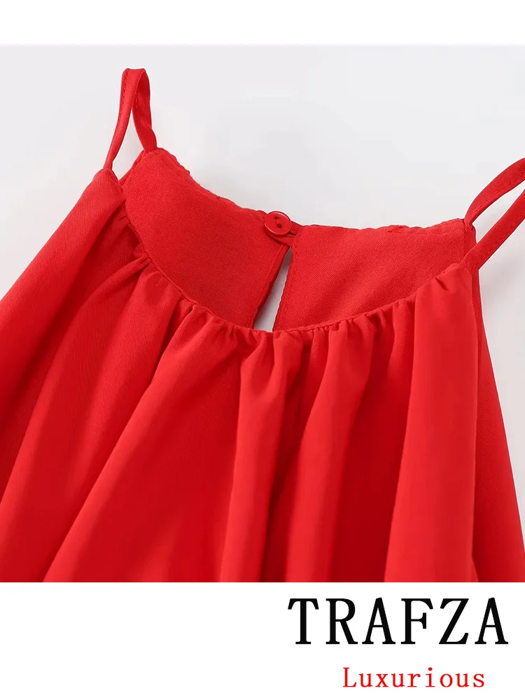 TRAFZA Vintage Chic Casual Sexy Women Dress Red Solid Sleeveless Draped Camisole Mini Vestidos Fashion 2024 Summer Folds Dress