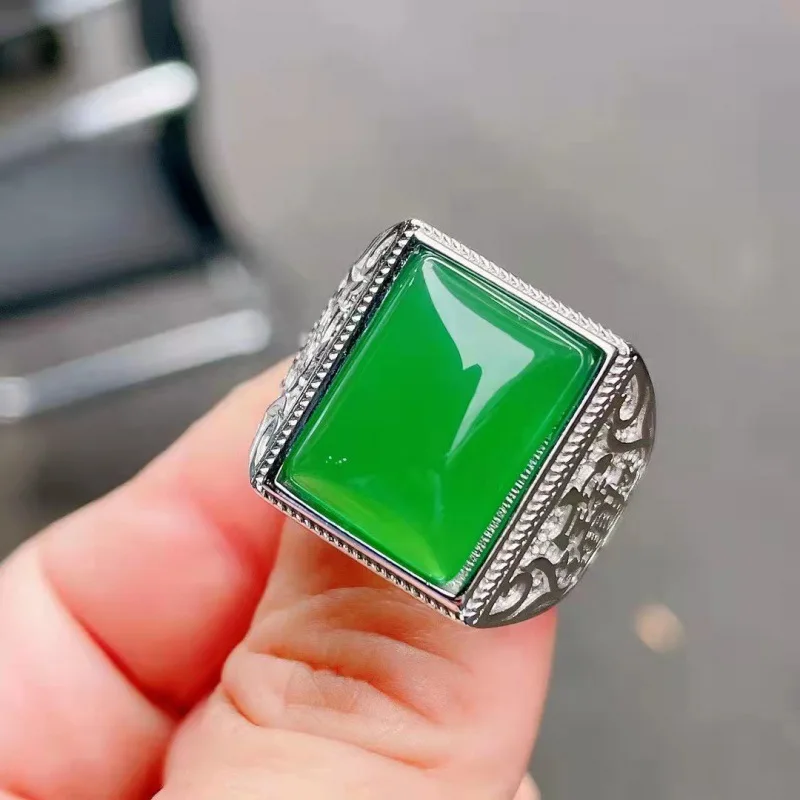 

Green Chalcedony Men, Bold Gemstone Adjustable Jade Ring