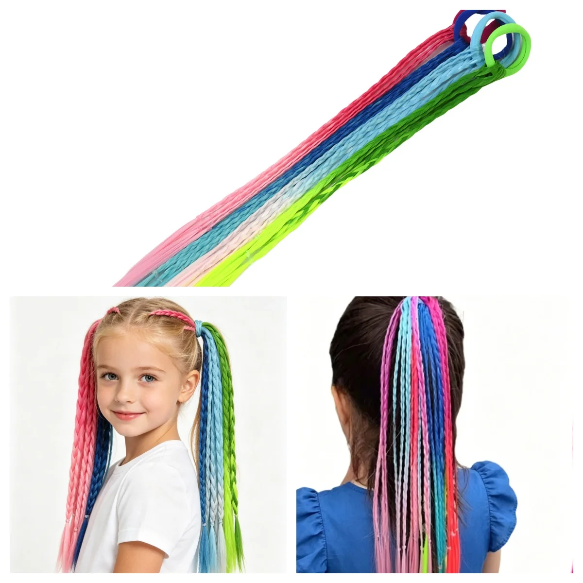 1Pc Synthetic Braided Ponytail Hair Extensions Gradient Colored Elastic Rubber Band Headwear Kids Hair Accessories