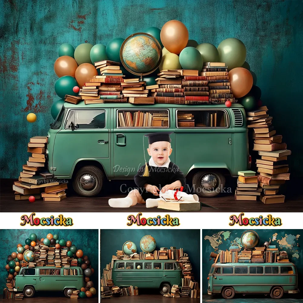 

Mocsicka Green Bus Background for Students Back to School Photography Book Balloon Backdrop Indoor Kids Birthday Photo Studio