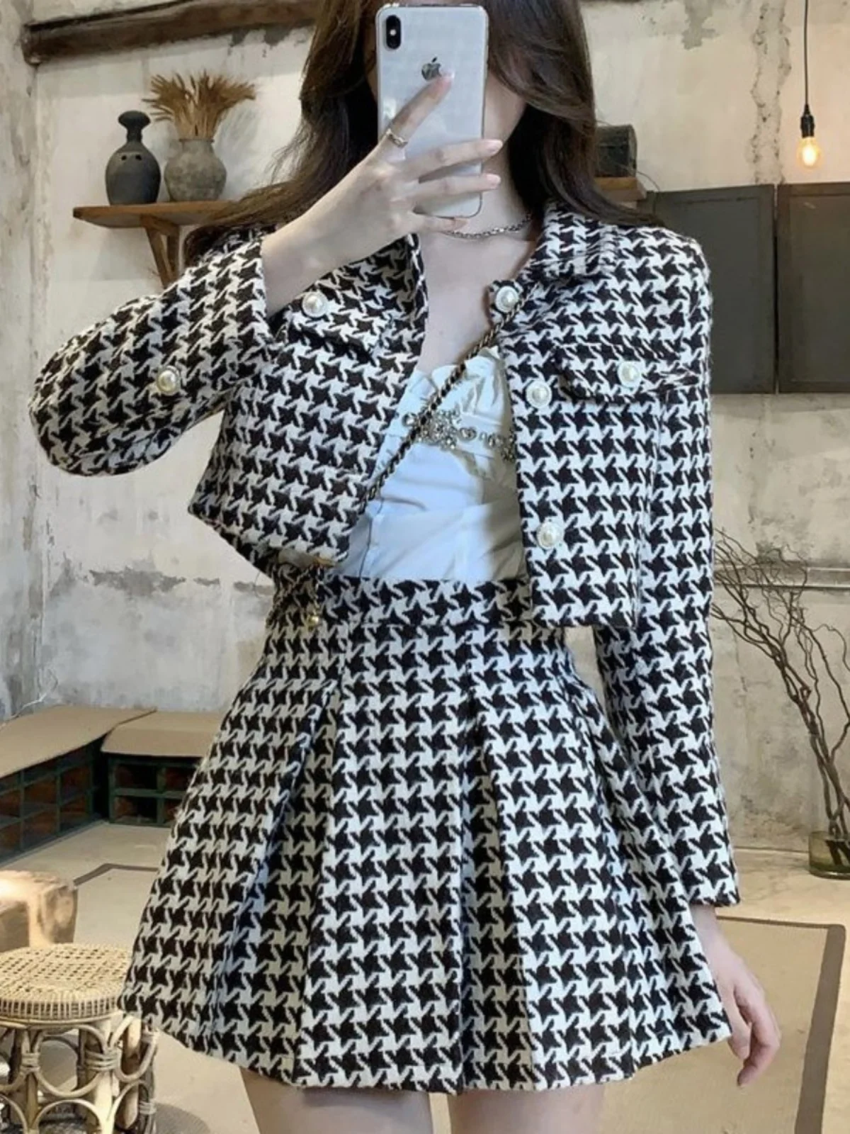 2024 Nuovo Sle ort Cappotto E Gonna Set da Donna a Vita Alta Plaid di Lana Dimagrante Faion Autunno Inverno Vestito a Due Pezzi