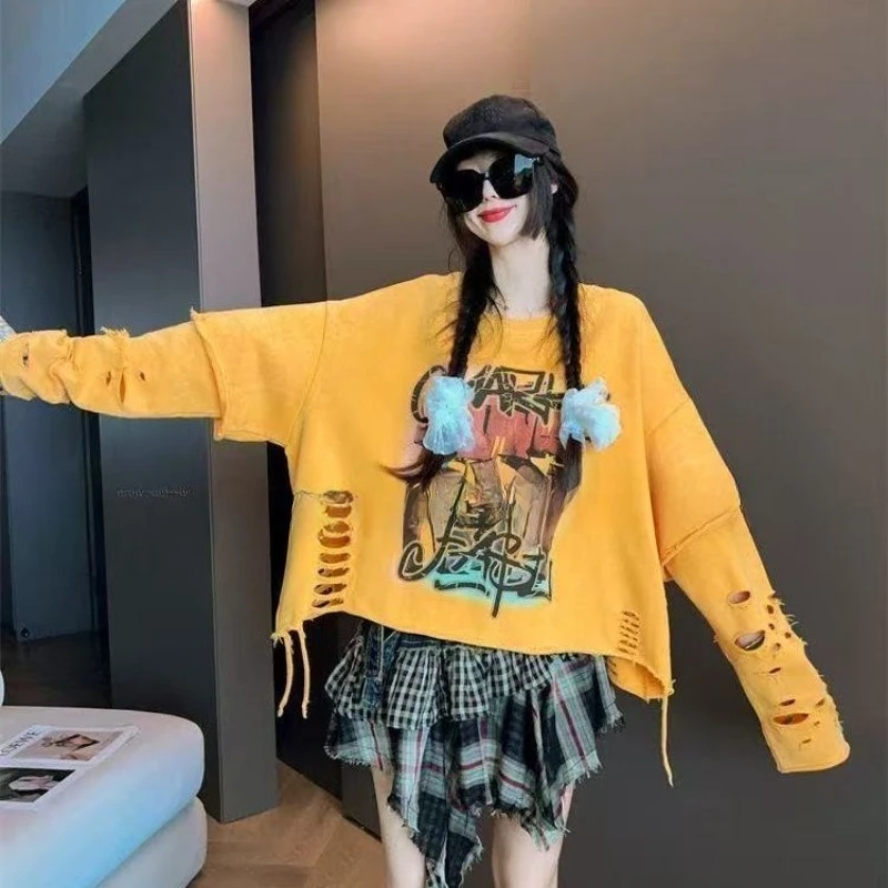 Extra Large Size 145KG Korean Version Fashion Ripped Long-sleeved Sweater Women's Spring Autumn New Loose Casual Versatile Top