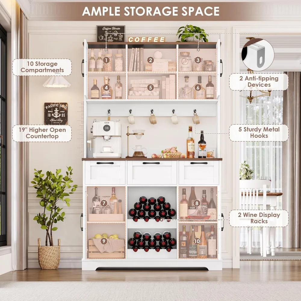 Armário de armazenamento de cozinha alto rústico com portas de celeiro, prateleiras, gavetas e gaiola de bar