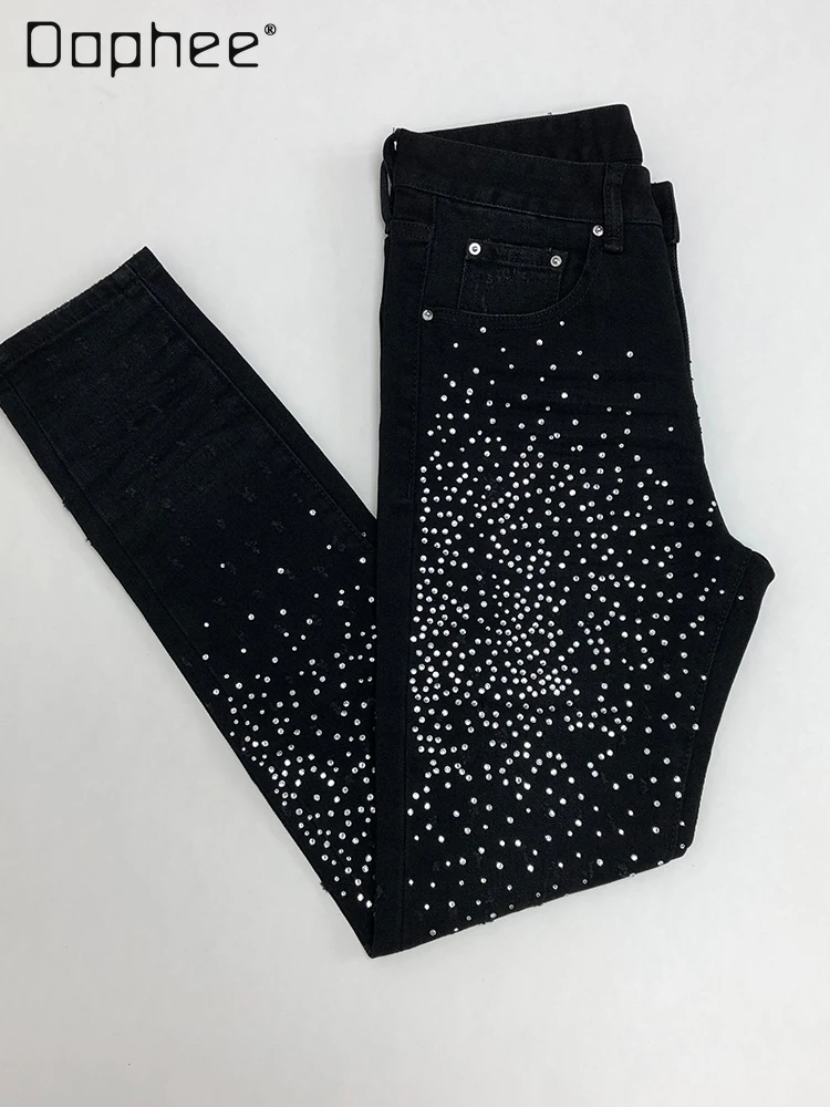 High-end Design Hot Diamond Jeans Men's Trendy Brand European Goods Scratched Handsome Slim-fitting Small Feet Black Pants