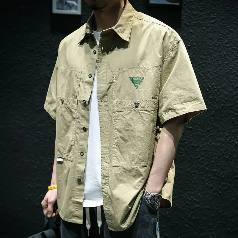 Homem camisa de manga curta carga com bolso camisas para homens verão designer barato marca estilo coreano hipster ásia luxo algodão topos