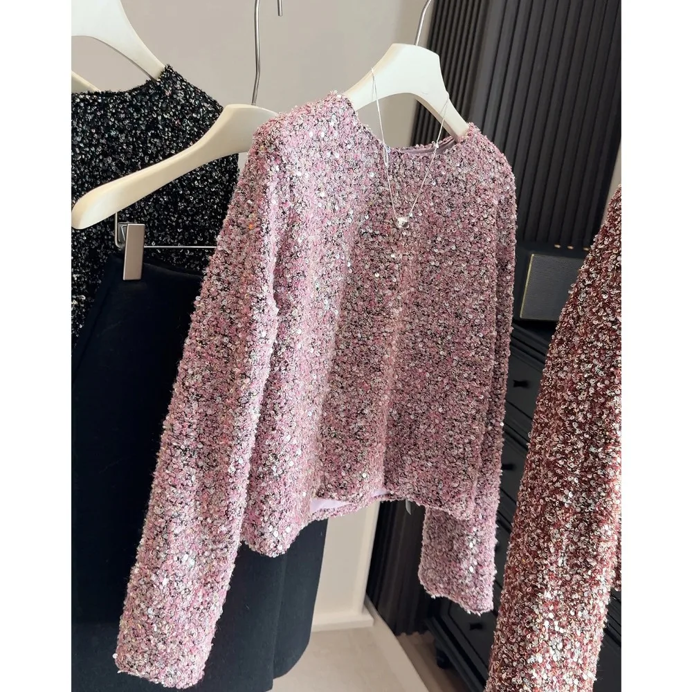 

French Shiny Beading Knitted Sweater Women Fashion O Neck Long Sleeve Loose Pullover Casual Vintage Jumper Y2k Autumn Spring