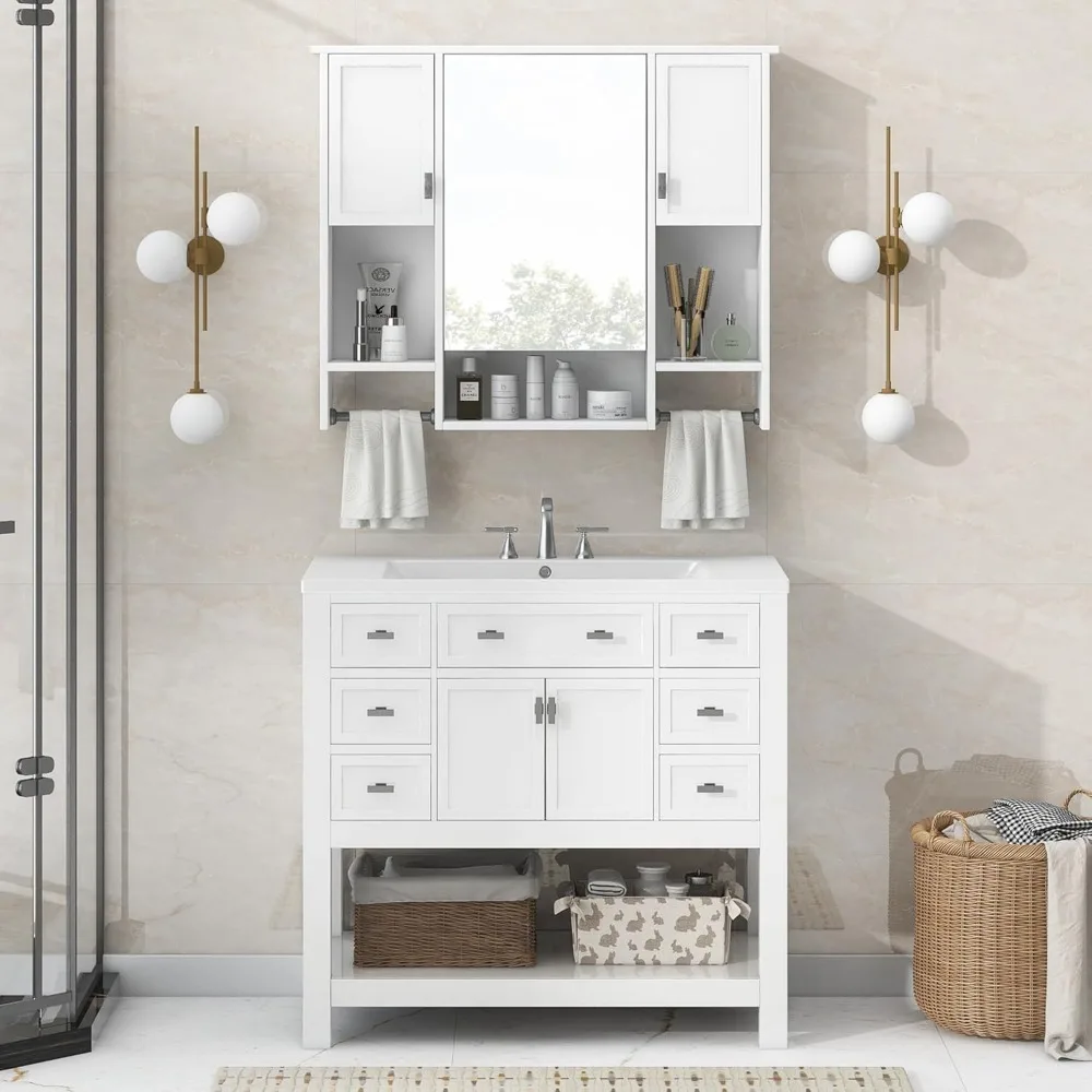 

36" Bathroom Sink Vanity with Matching Medicine Cabinet Combo, Solid Wood Frame Bathroom Vanities with Sink, Vanity Desk