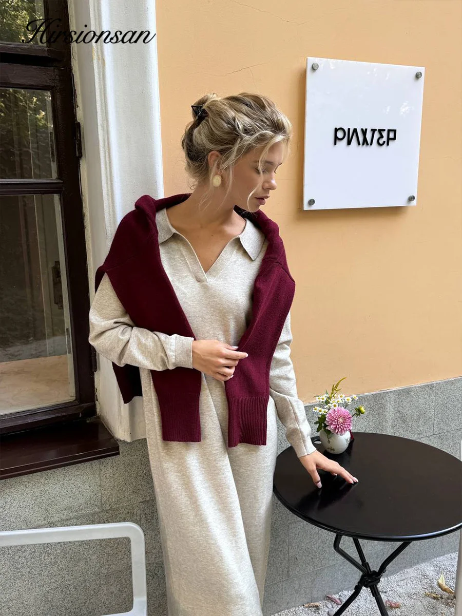 Hirsionsan Długa Sukienka Swetrowa z Golfem na Jesień i Zimę, Luźna, Damska, Miękka, Elegancka, Dzianinowa Sukienka w Jednolitym Kolorze, Nowa Kolekcja Damska 2025