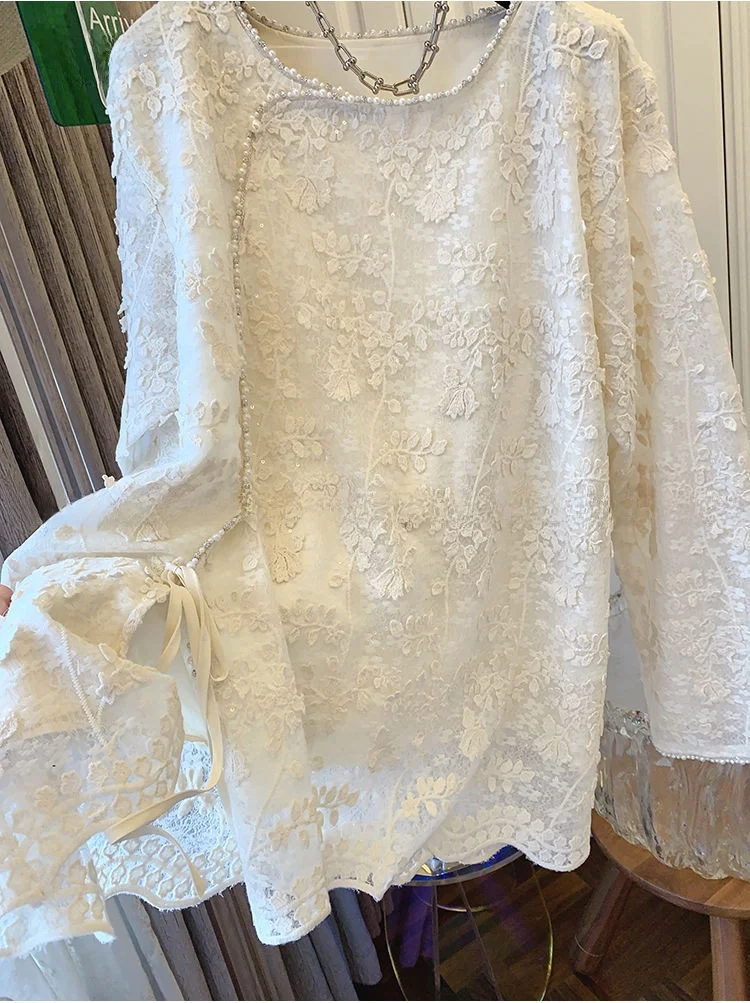 

Женская кружевная рубашка больших размеров с длинным рукавом, весенне-осенний стиль, корейский свободный крой, круглый вырез, цветочный узор, устойчивая к деформации.