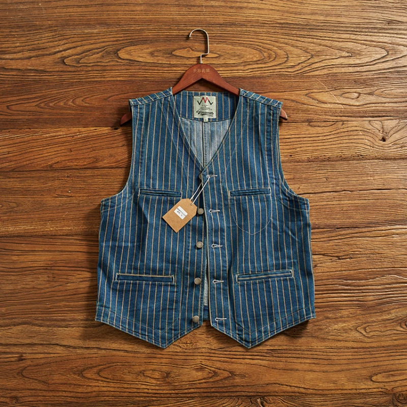 May Khaki denim vest men fashion vintage do old striped vest multi-pocket V-neck folded wear cargo vest men