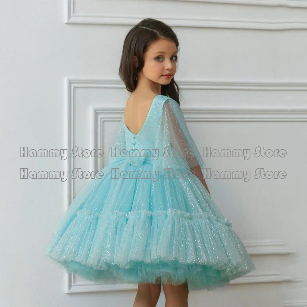 Abito da ragazza di fiore principessa mezze maniche scollo tondo Glitter Tulle Puff abiti da prima comunione abito da compleanno per bambini