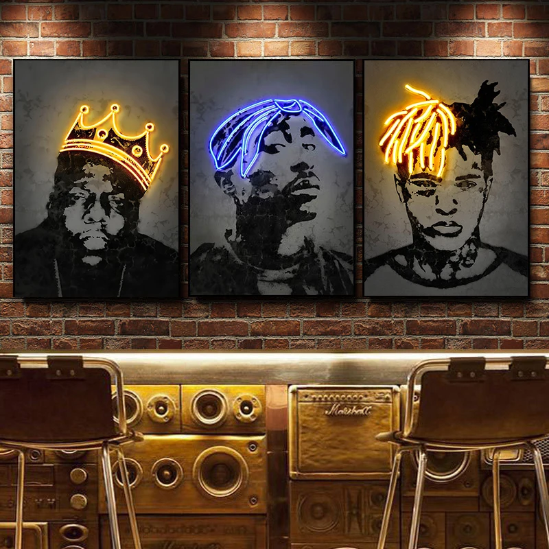 

Hip Hop Singer Rapper 2Pac Art Canvas Painting Biggie Tupac Neon Posters Print Wall Art Pictures for Living Room Home Decor