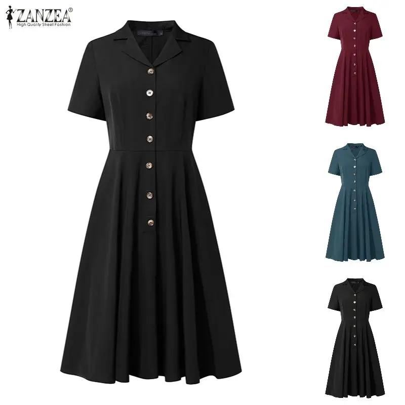 Elegantes Sommerkleid mit Reverskragen und Kurzen Ärmeln ZANZEA 2026 Büro-Damenkleid Stilvolles Einfarbiges A-Linien-Kleid mit Knöpfen Midi-Robe