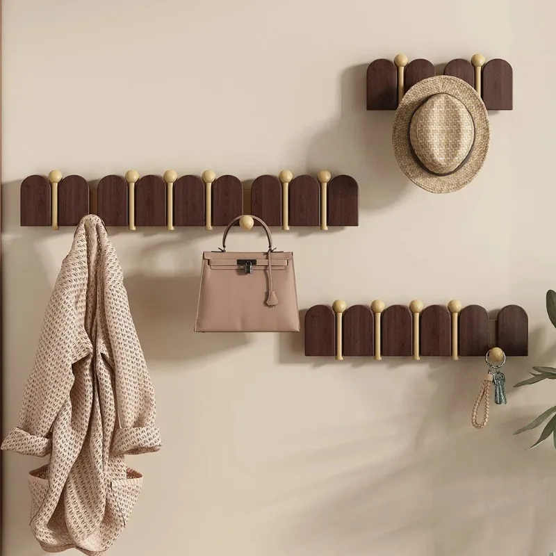 Punch Free Foldable Hidden Wooden Coat Rack, Walnut Color Wall Hook with 5/7/9 Hooks, Entryway Hat Bag Storage Decor