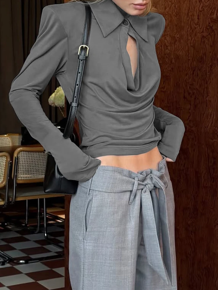 Women's Lapel Collar Long Sleeve Top Draped Cowl Neck Keyhole Slim Fit Vintage Shirt Elegant Office Daily Cropped Pullover