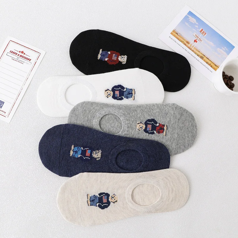 5pc Women\'s Invisible Socks Cute Letter Cartoon Socks Summer Thin Cotton Anime Anti Stripping Socks Shallow Mouth Boat Socks