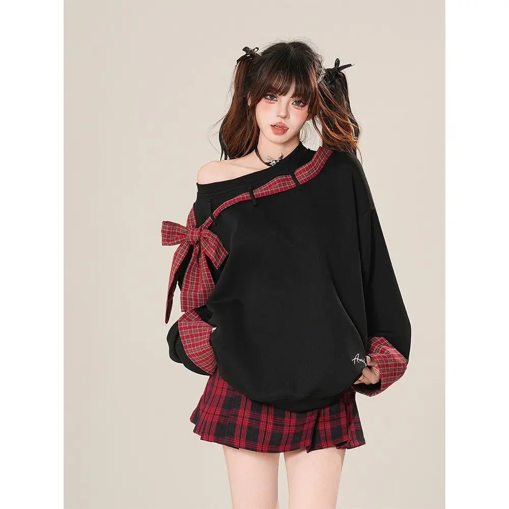 

Straps Bow Shoulder Sweater Women's Spring Black Loose Splicing Plaid Long Sleeves