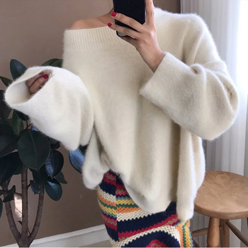 Women Autumn Winter Sexy Slash Neck Fake Mink Pink Jumper Cashmere Sweaters Korean Loose Tops Off  Shoulder Oversized Pullover