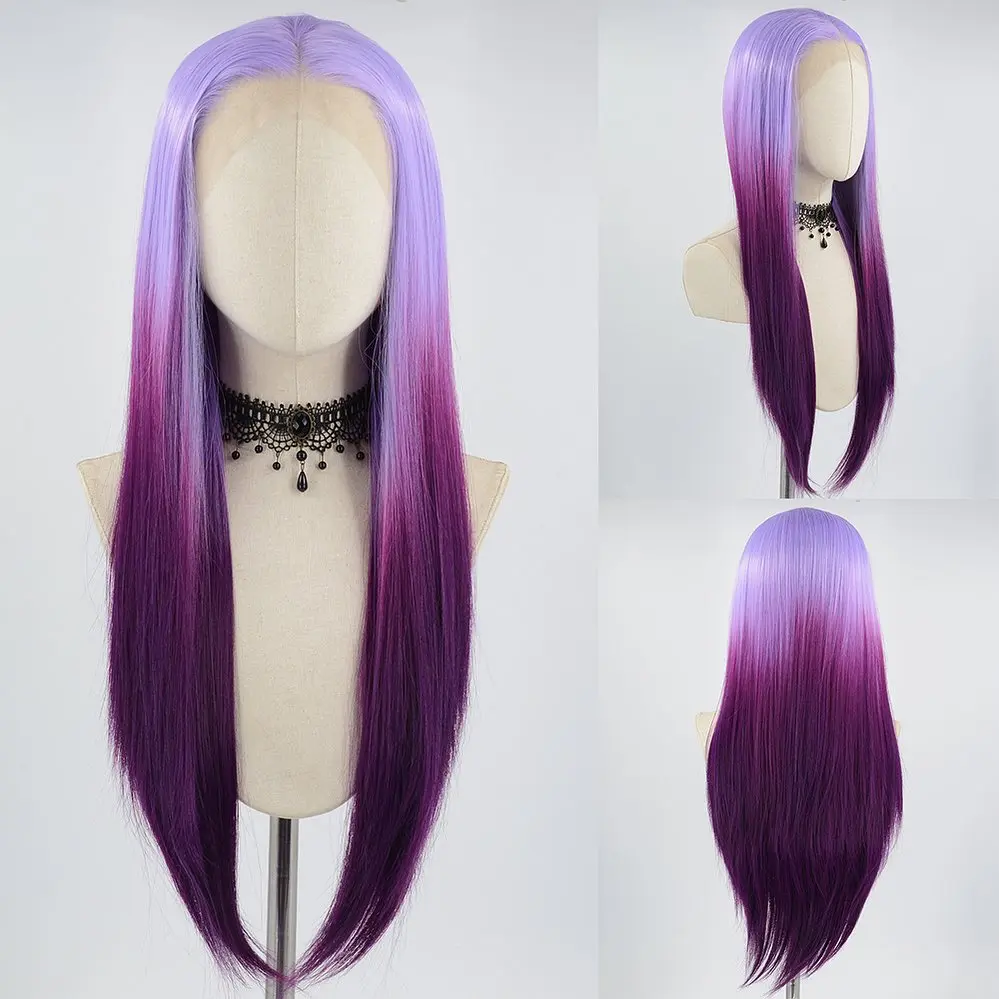 Glueless peruca dianteira do laço do cabelo sintético para mulheres negras, ombre, roxo, loira, alta temperatura, fibra fina, cosplay