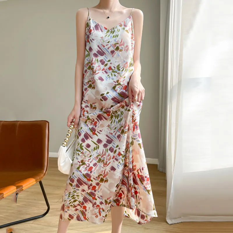 Summer V-neck Fashion Print Suspender Dress Female Sleeveless Temperament Joker Satin Bottoming Vest Dress