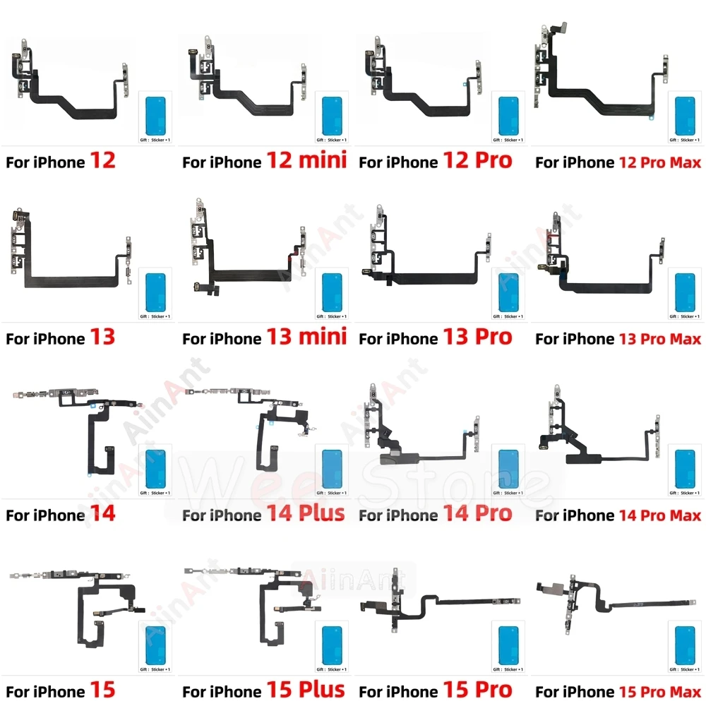 100% AiinAnt Power Volume Buttons Power Flex Cable For iPhone 12 13 14 15 Pro Max Plus mini With Sticker