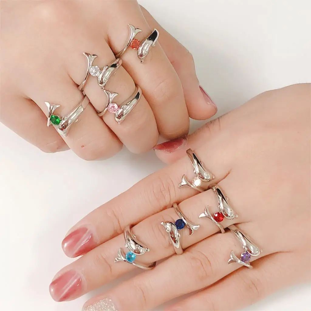 Double Fair Love Dolphin Rings For Women White Gold Color Birthstone Crystal Ring Jewelry Female Birthday Gifts DFR788M
