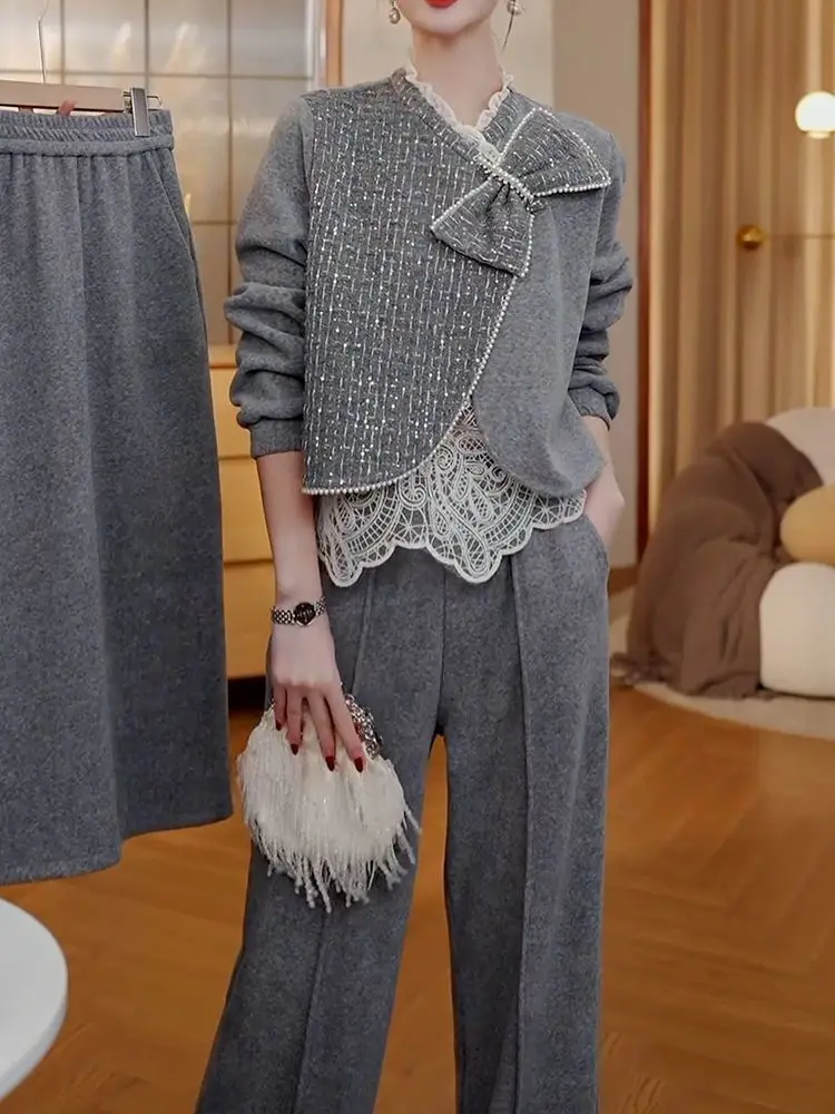 

Women's 2025 Autumn/Winter New Light Luxury Small Fragrant Style Splicing Bow Design Top+Plush Pants Commute Two Piece Set