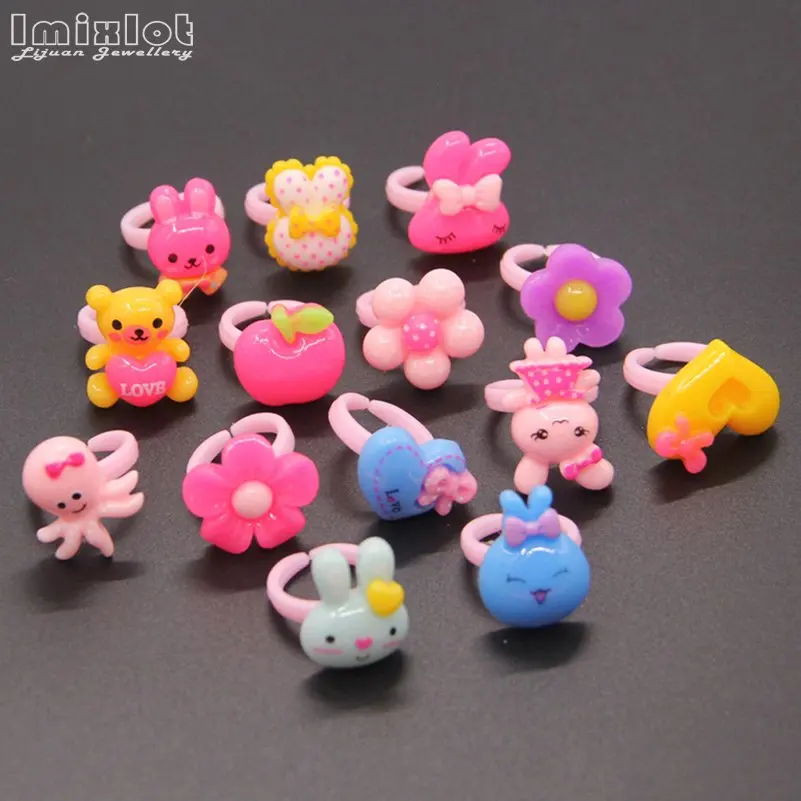 10pcs Mixed Cute Cartoon Rings For Children Fashion Colored Resin Flower Animal Adjustable Rings Jewelry Kids Girls Gifts