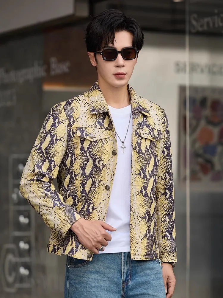 سترة جلدية أصلية فاخرة للرجال بنمط الأفعى من جلد الغنم بقصة ضيقة واحدة الصدر ملابس خارجية لحفلات الأعمال سترات فاخرة