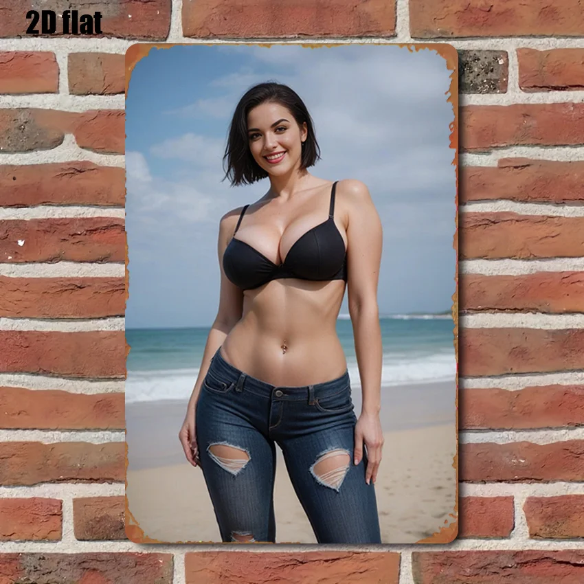 Eisen-Wandkunst, 20,3 x 30,5 cm, schwarze Dessous und zerrissene Jeans, Strand-Wanddekoration, Vintage-Metallblechschild für Heimkino und Schlafzimmer