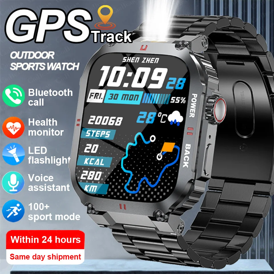 

Уличные военные умные часы для мужчин, GPS, спортивный фонарик, Android iOS, 1,91-дюймовый сенсорный экран, Bluetooth-вызов, водонепроницаемые умные часы