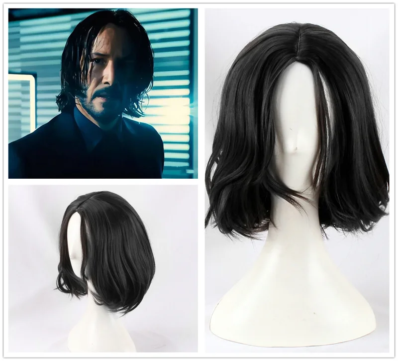 Peruca curta preta John Wick Cosplay para homens e mulheres, fibra resistente ao calor, boné, uso diário, festa