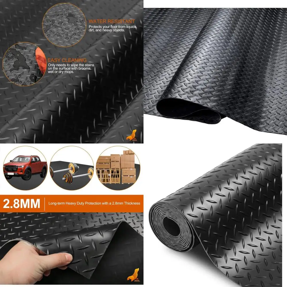 Tapis de sol de garage épais noir de 2,8 mm, résistant à l'eau et aux taches, design en plaque diamantée