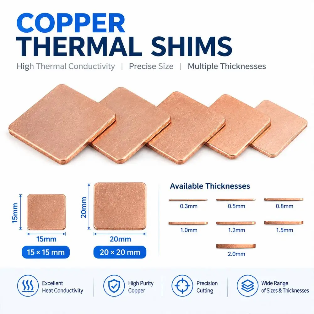 5-20Pcs Coppers Shim Heatsink Thermal Pad 15x15/20x20mm, Laptop GPU CPU VGA RAM Chipset Cooling, 0.3-2mm Thick Sheet