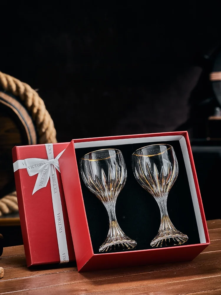 Gold-Embellished Crystal Wine Glasses Set Creative Luxury Home Use High-End Wine Cup Gift Box Set European Style Handmade Gla...