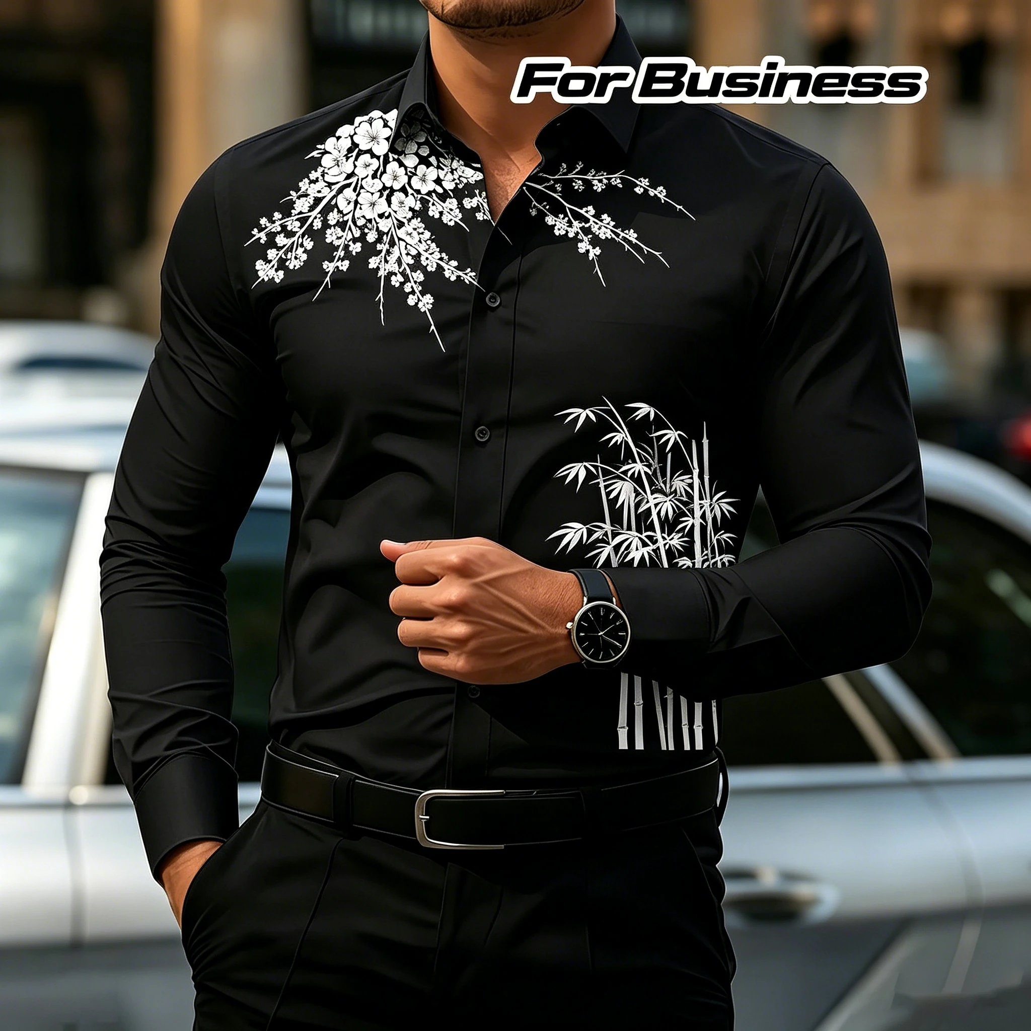 Men's Slim Fit Long-Sleeve Business Shirt with Lapel Collar, Ink Painting Print, Commuter/Light Business Cardigan