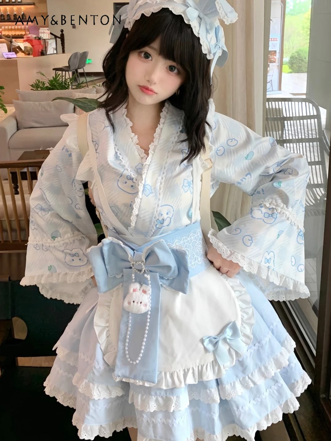 

Spring New Cartoon Print Lolita Long-sleeved Suit Cute Japanese Maid Cosplay Outfits Subculture Big Bow Slim Tutu Dress Woman