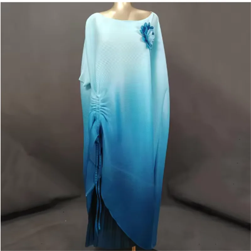 Miyake Pleated Design Women 2 Piece Set Gradient Drawstring 3D Floral Spliced Long Dress Fashion 2025 Autumn New Clothing