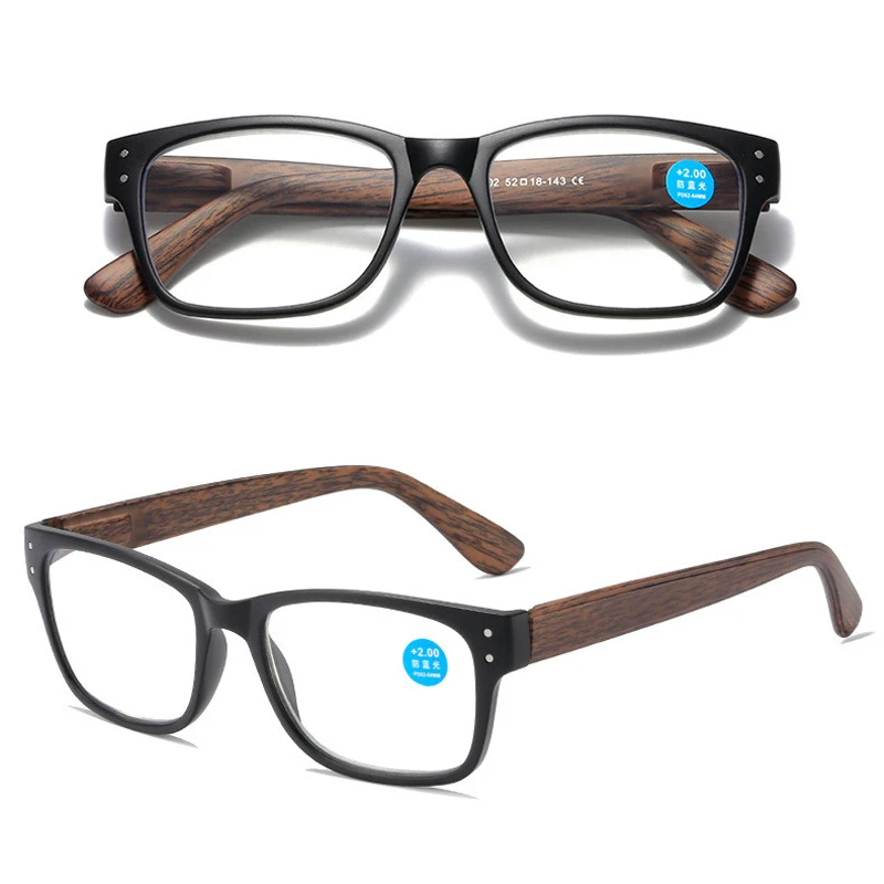 Retro Full Frame Imitation Wood Grain Anti Blue Light Reading Glasses HD Spring Leg Presbyopia Eyeglasses Diopter +1.0 To +4.0