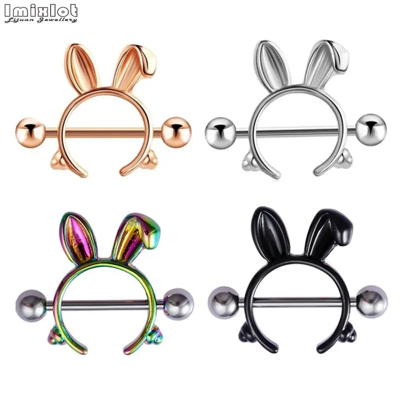 1pair Cute Nipple Piercings Barbell Stainless Steel Crystal Nipple Shield Cover 14G Rabbit Nipple Rings Body Jewelry